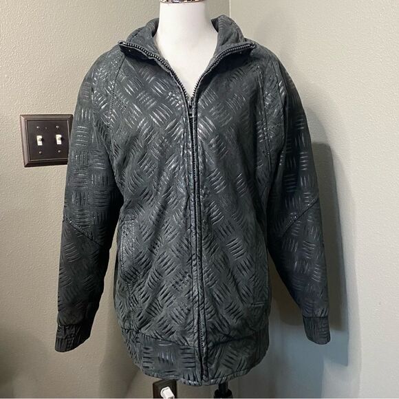 Vintage Andrew Marc Black genuine Leather Jacket Patterned Nubuck - Picture 1 of 15